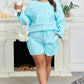 Aruba Blue Plus Size Solid Color Splicing Raw Hem Pullover Top Shorts Set