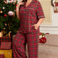 Red Plus Size Plaid Short Sleeve Shirt Loose Pants 2pcs Pajama Set