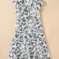 Black Floral Print Piping Trim Notched Neck Ruffle Sleeve Plus Size Long Dress