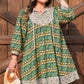 Green Plus Size Mixed Floral Print Striped Trim Loose Mini Dress