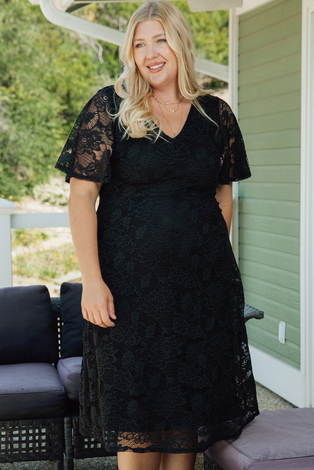 Black Plus Size Lace Flutter Sleeves Flare Midi Dress