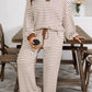 Khaki Stripe Plus Size Collared V Neck Loose Pullover Drawstring Elastic Waist Wide Leg Pant Set