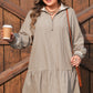 Khaki Stripe Zip up Collared Puff Sleeve Ruffled Plus Size Mini Dress