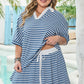 Blue Stripe Short Sleeve Collared V Neck Top Plus Size Short Set