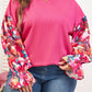 Bright Pink Floral Patchwork Flounce Sleeve Rib Knit Plus Top