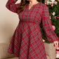 Red Plus Size Plaid Half Button Long Sleeve Holiday Dress