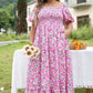 Pink Plus Size Floral Print Smocked Puff Sleeve Dress