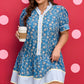 Blue Plus Size Floral Print Striped Patchwork Detail Button Front Ruffle Hem Dress
