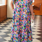 Blue Geometric Print Ruffled Short Sleeve Plus Size Tiered Maxi Dress