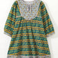 Green Plus Size Mixed Floral Print Striped Trim Loose Mini Dress