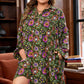 Green Plus Size Floral Print Collared V Neck Loose Mini Dress