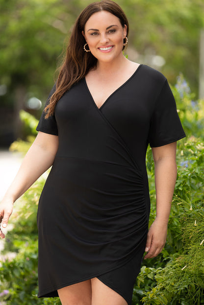 Black Wrap Ruched Short Sleeves Plus Size Mini Dress