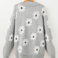 Gray Plus Size Embroidered Floral Pattern Half Zip Sweater