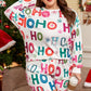 White Plus Size Christmas Ho Ho Ho Print Long Sleeve Top and Shorts 2pc Lounge Set