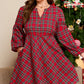 Red Plus Size Plaid Half Button Long Sleeve Holiday Dress