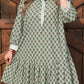 Green Contrast Striped Frilled Collar 3/4 Sleeve Plus Size Floral Dress