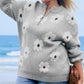 Gray Plus Size Embroidered Floral Pattern Half Zip Sweater