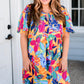 Multicolour Plus Size Leafy Print Split Neck Short Sleeve Shift Dress