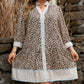 Khaki Plus Size Leopard Print Striped Trim V Neck Drop Waist Long Sleeve Mini Dress