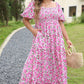 Pink Plus Size Floral Print Smocked Puff Sleeve Dress