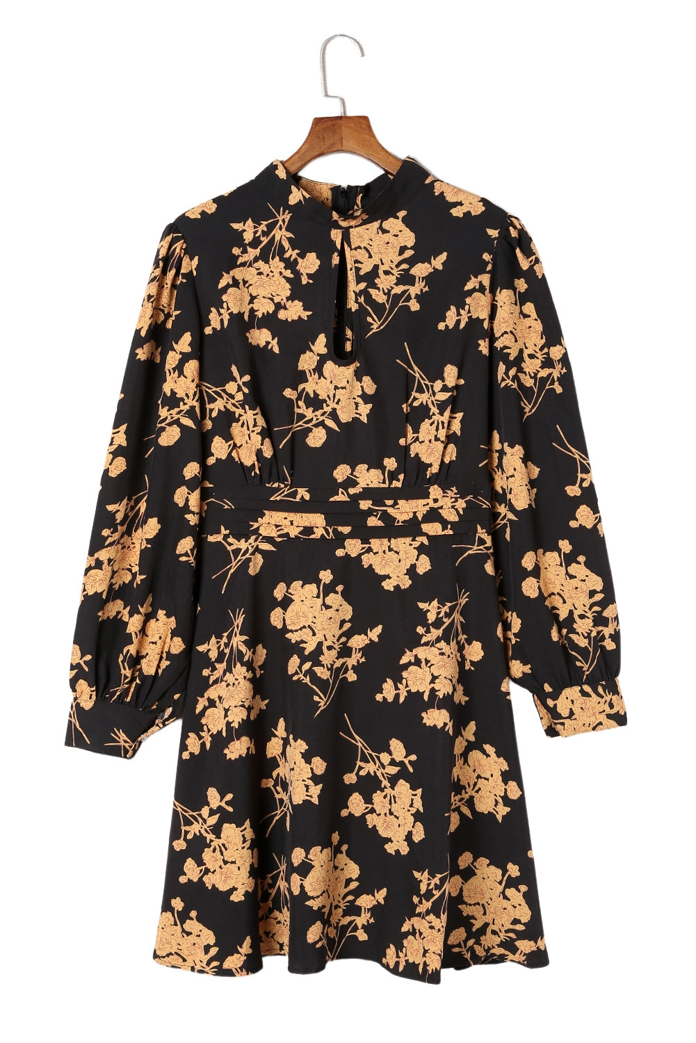 Black Plus Size Cut-out Neckline Long Sleeve Floral Dress