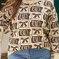 Brown Bow Horseshoe Print Checkered Plus Size Sweater