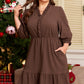 Coffee Plus Size Frilled Trim V Neck Puff Sleeve Textured Mini Dress