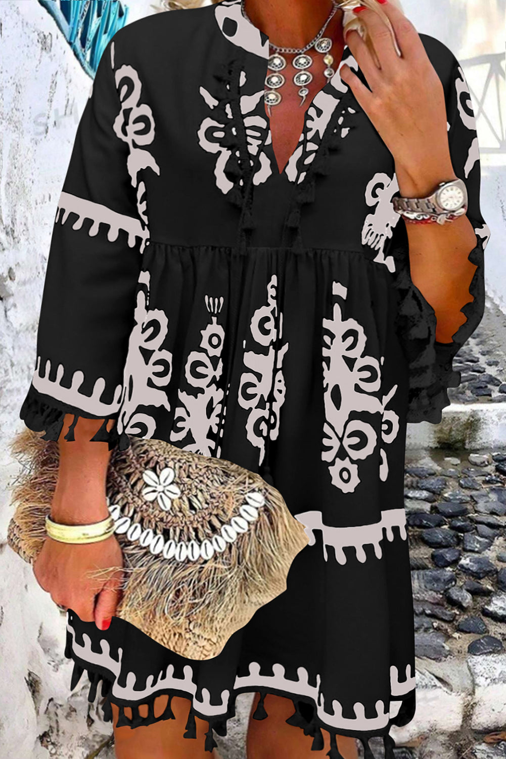 Black Plus Size Western Floral Print Fringed V Neck Dress