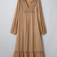 Chestnut Smocked V Neckline Leopard Piping Accent Bracelet Plus Size Long Dress