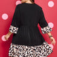 Black Plus Size Leopard Patchwork V Neck 3/4 Sleeve Ruffle Hem Mini Dress