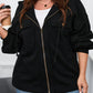 Black Plus Size Bishop Sleeve Zip Up Hooded Jacket