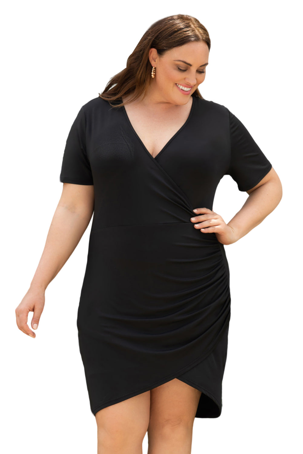 Black Wrap Ruched Short Sleeves Plus Size Mini Dress