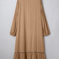 Chestnut Smocked V Neckline Leopard Piping Accent Bracelet Plus Size Long Dress