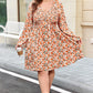 Beige Plus Size Floral Print V Neck Long Sleeve Babydoll Short Dress
