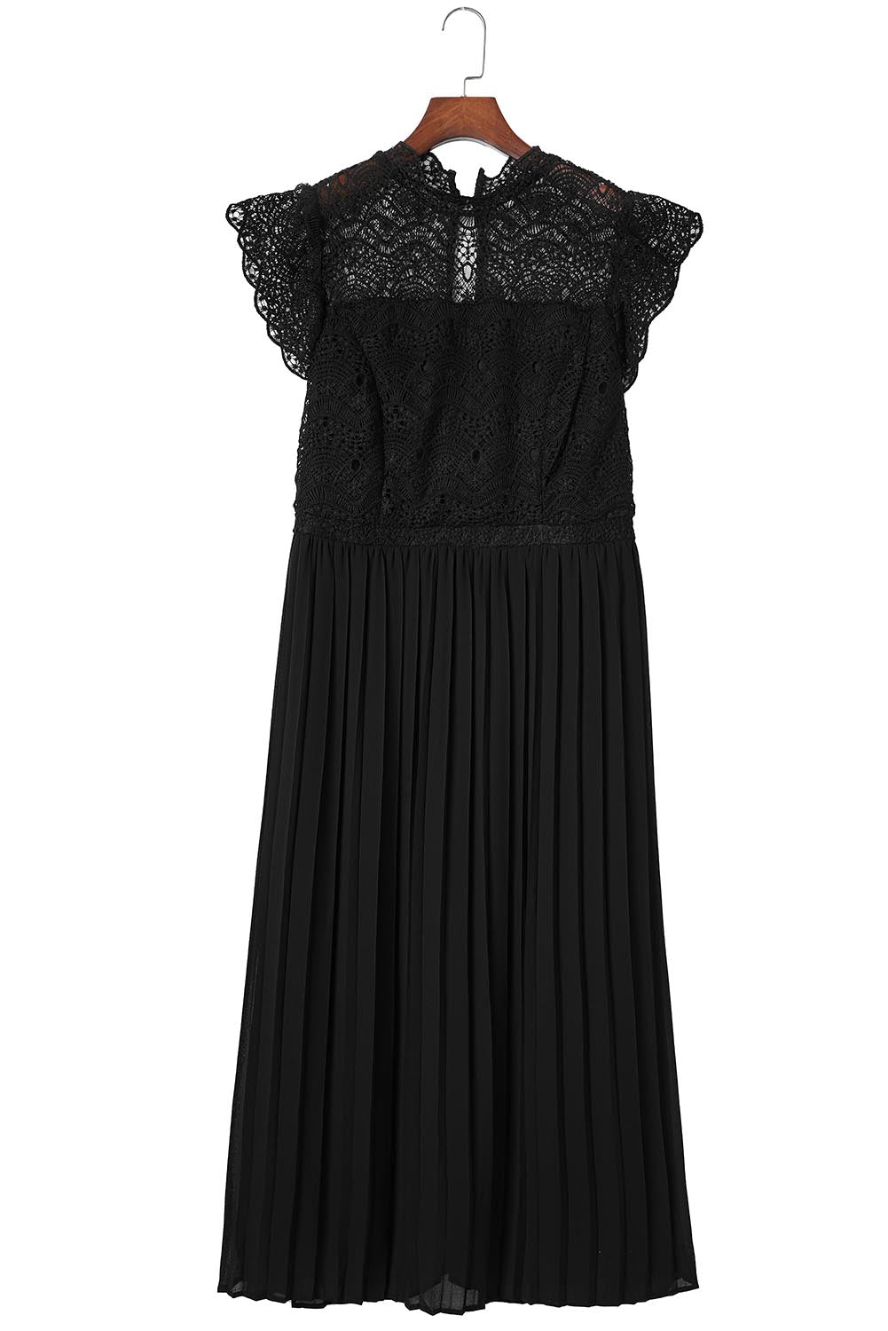 Black Plus Size Lace Bodice High Neck Flowy Pleated Dress