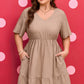 Dark Khaki Plus Size Textured Ruffled Short Sleeve Dress