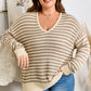 Khaki Stripe Plus Size V Neck Drop Shoulder Sweater