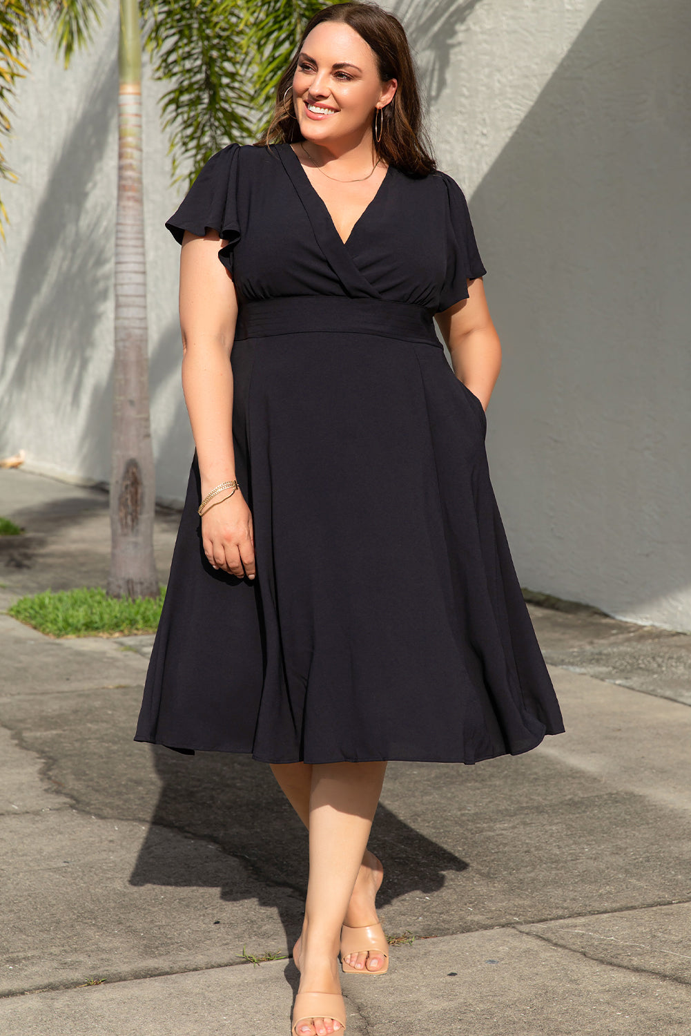 Black Plus Size Flutter Sleeve V Neck Midi Dress