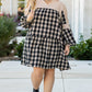 Black Plaid Waffle Knit Patchwork Collared V Neck Plus Size Mini Dress