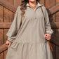 Khaki Stripe Zip up Collared Puff Sleeve Ruffled Plus Size Mini Dress