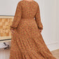 Brown Plus Size Floral Split V Neck Ruffled Sleeve Tiered Maxi Dress
