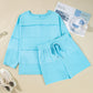 Aruba Blue Plus Size Solid Color Splicing Raw Hem Pullover Top Shorts Set