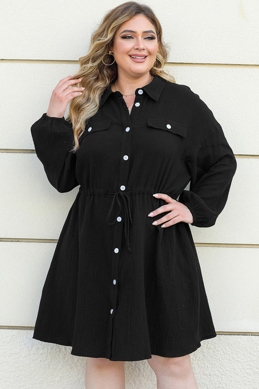 Black Plus Size Textured Drawstring Button up Shirt Dress