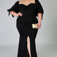 Black Bow Tie Puff Sleeve Plus Size High Slit Maxi Dress