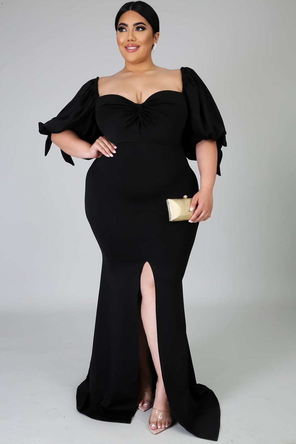 Black Bow Tie Puff Sleeve Plus Size High Slit Maxi Dress