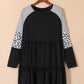 Black Plus Size Striped Leopard Patch Sleeve Ruffle Tiered Dress