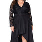 Black Plus Size High-Low Lace Contrast Evening Dress