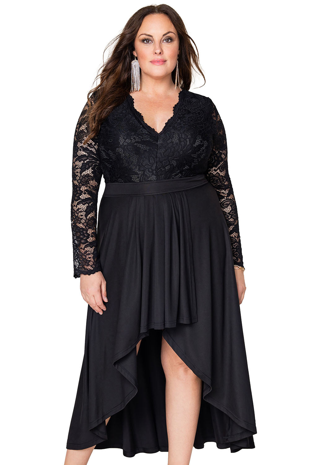 Black Plus Size High-Low Lace Contrast Evening Dress