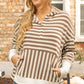 Brown Stripe Quarter Buttons Drop Sleeve Plus Size Hoodie