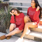 Racing Red MERRY Ribbed Knit Long Sleeve Lace-up Waist Plus Size Set
